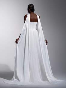 Elitara 优雅简约奶油色缎面拼接薄纱高低摆手工水晶荷叶边新娘婚纱，适合婚礼仪式、正式庆典、红毯活动、豪华招待会、户外森林海滩、正式场合等。 - 白色 - 查看 3