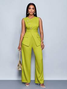 SOLERSUN 2pcs/Set Women Casual Fashion Daily Versatile Asymmetrical Neck Sleeveless Asymmetrical Hem Blouse & High Waist Wide Leg Pants With Belt - Green - View 1