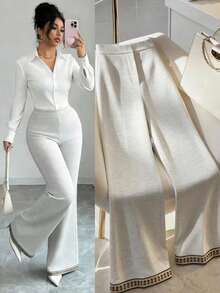 SHEIN Franclia 女士法式极简复古风，梭织面料，适合工作和休闲场合穿着，宽松阔腿设计，新款女裤，优雅长裤，女士春季休闲裤 - 白色 - 查看 1