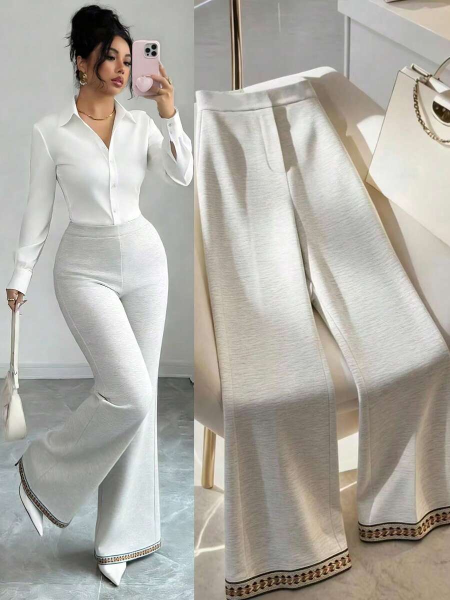 SHEIN Franclia 女士法式极简复古风，梭织面料，适合工作和休闲场合穿着，宽松阔腿设计，新款女裤，优雅长裤，女士春季休闲裤 - 白色 - 查看 1