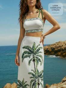 CAJUNI Bộ đồ hai mảnh dành cho nữ đi nghỉ mát biển: Áo hai dây và chân váy in hình cây cọ. - Màu be - Xem 5