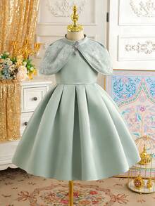 少女立领优雅褶皱时尚公主风连衣裙 - 綠色 - 查看 4