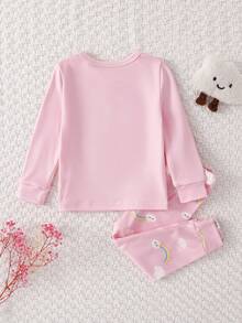 SHEIN 2pcs/Set Baby Girls' Pink Snug Fit Round Neck Long Sleeve Pants Knitted Soft & Cute Elephant & Rainbow Glow-In-The-Dark Pajamas, Best Gift For Baby Girls - Pink - View 2