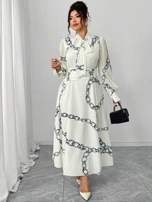 Elenzga 大码女式印花长款连衣裙，网纱长灯笼袖，褶裥喇叭裙摆，蝴蝶结装饰，优雅迷人，适合中东、欧洲、美国风格的度假、情人节派对、朋友聚会、正式鸡尾酒会、下午茶、度假等场合，杏色长款连衣裙 - 彩色 - 查看 1