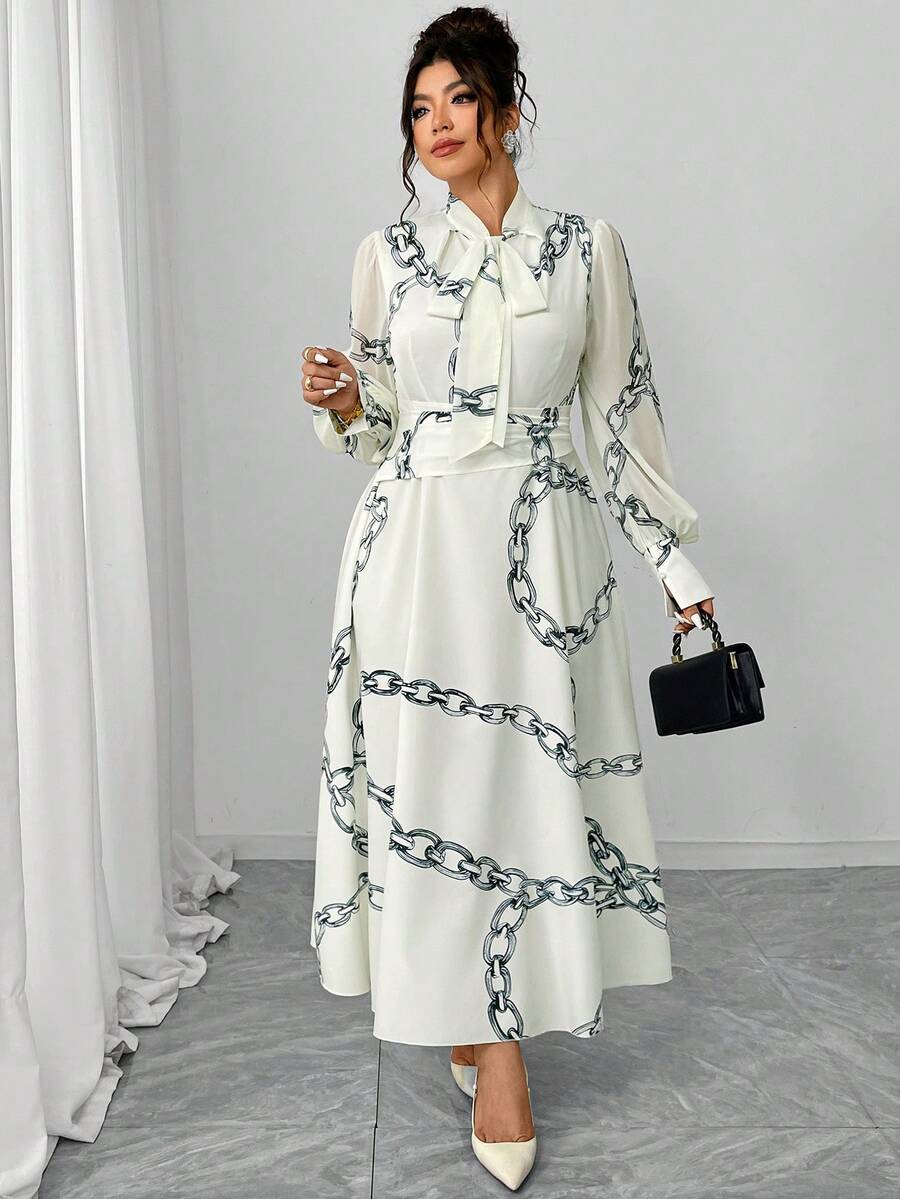 Elenzga 大码女式印花长款连衣裙，网纱长灯笼袖，褶裥喇叭裙摆，蝴蝶结装饰，优雅迷人，适合中东、欧洲、美国风格的度假、情人节派对、朋友聚会、正式鸡尾酒会、下午茶、度假等场合，杏色长款连衣裙 - 彩色 - 查看 1