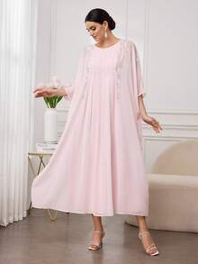 Al Najma Elegant & Chic Party/Banquet/Date Rhinestone Batwing Sleeve Loose Arabic Traditional Long Dress - Pink - View 3