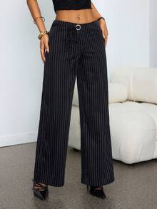 SHEIN PETITE 女士黑色条纹低腰镂空装饰带休闲简约阔腿裤/通勤休闲/百搭外出/办公室穿着/复古富家女装/商务休闲女装/教师装时尚女裤 - 黑色 - 查看 9