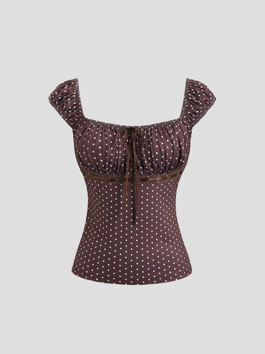 Sweetra Retro American Polka Dot Square Collar Bow Lace Patchwork Slim Fit Women Summer T-Shirt - Coffee Brown - View 1