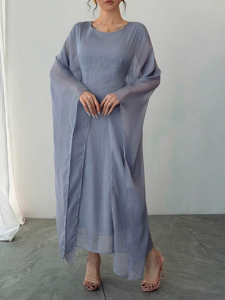 Women's Round Neck Waist Cinched Extra Long Sleeve Textured Fabric Elegant Dress Maxi Dress Sundress