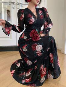 DAZY 女士V领蕾丝拼接印花收腰优雅长款连衣裙 - 黑色 - 查看 3