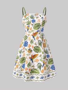 SHEIN 少女碎花吊带露背镂空连衣裙，饰有蝴蝶结 - 綠色 - 查看 7