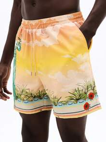 SUMWON Beach Board Shorts With Tropical Sunset Print And Classic Figure Graphic Design Elastic Waistband Drawstring Summer Vacation Swimming Trunks - Multicolor - View 5