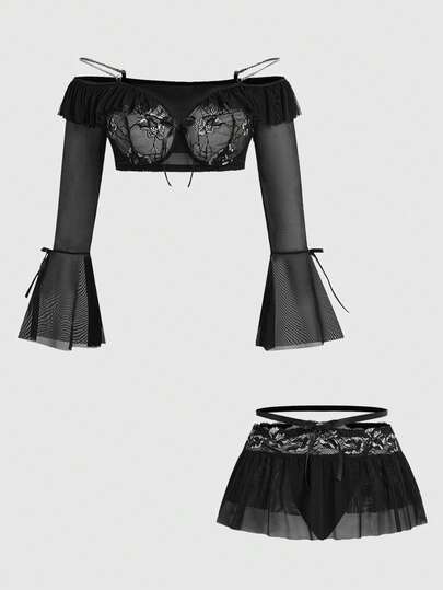 ROMWE Plus Size Gothic Off-Shoulder Metal Chain Strap Bra, Thong & Mini Skirt Lingerie Set, Dual Color