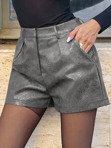 Lavishia Women's Textured Minimalist Everyday PU Shorts - Grey - View 4