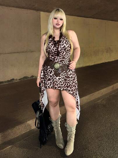 J-Fashion Robe maxi à bretelles fines et dos nu imprimé léopard grande taille, robe de style de rue sexy à ourlet irrégulier, robe maxi hippie sexy rétro pour usage quotidien