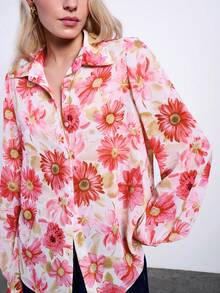 Maija 女士浪漫优雅花卉印花纽扣衬衫，情人节、节日适用