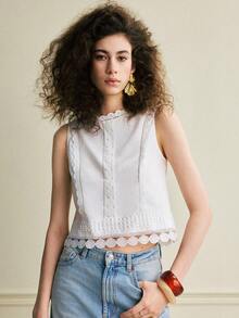 Écloséra 法式复古蕾丝拼接白色休闲背心，度假风 - 白色 - 查看 3