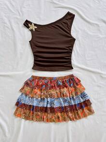 Soleia 女士金属海星装饰褶皱肩上衣和腰果印花半裙时尚两件套 - 彩色 - 查看 3