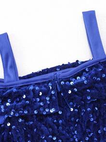 Glamorique Kids 年轻女孩优雅迷人可爱酒红色吊带露肩薄纱收腰鱼尾连衣裙，正式礼服 - 寶藍色 - 查看 4