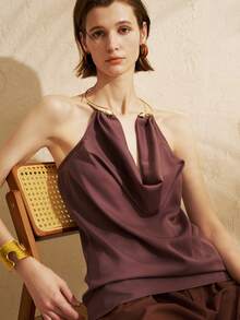 INAWLY Sexy Pleated Collar Draped Neck Backless Camisole Top For Women - Coffee Brown - View 3