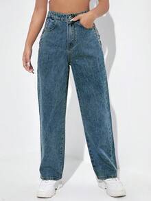 SHEIN Jeanoir Women's Casual Fashion Street Chic Daily Commute Side Chain Tie Loose Straight Leg Jeans - Royal Blue - View 4