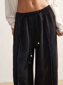 Bohemela 女士休闲纯色梭织宽松水洗裤 - 黑色 - 查看 10