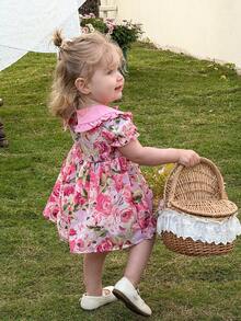 SHEIN LMoss Kids 女婴法式优雅撞色碎花泡泡袖连衣裙 - 彩色 - 查看 5