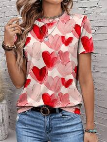 SHEIN LUNE 休闲简约彩色爱心印花情侣圆领宽松女式T恤 - 彩色 - 查看 2