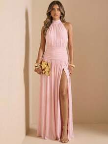 SHEIN BAE 纯色褶皱露背高开衩优雅长裙，适合鸡尾酒会、浪漫约会、聚会、正式活动、伴娘礼服、晚礼服、圣诞节、新年、情人节、夏季连衣裙、下午茶派对等场合。 - 粉色 - 查看 6