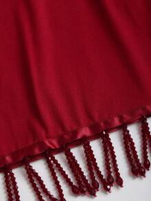 Sweetra Bộ áo thun ôm sát màu đỏ tía và chân váy ngắn xếp ly viền ren đính đá và tua rua dành cho nữ, thích hợp cho mùa xuân/hè, ngày Valentine. - Màu Đỏ Sâu - Xem 6