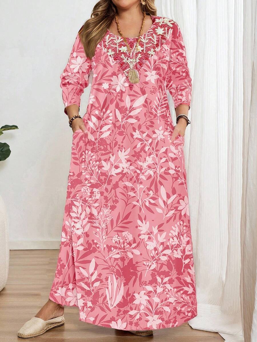 Mellowie Đầm dài tay kiểu Ả Rập truyền thống tối giản, in hoa cổ điển trang nhã, phù hợp cho mùa xuân/hè; đầm dài tay kín đáo, thanh lịch, cỡ lớn, cổ tròn, phù hợp cho mùa thu/đông. - Nhiều màu - Xem 1