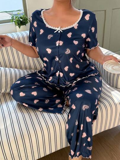 Dream Adore Plus Size Sexy Lace Patchwork Heart Print Short Sleeve Top And Pants Pajama Set Pajama Sets For Women Round Neck Lounge Wear Sets Summer Pajamas Set Two Piece