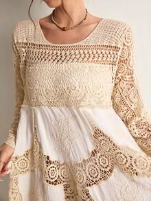 Freevana 女士时尚圆领长袖短款针织毛衣连衣裙 - 卡其色 - 查看 6