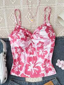 Teen Girl Fashionable Floral Print Criss-Cross Front Tight Camisole