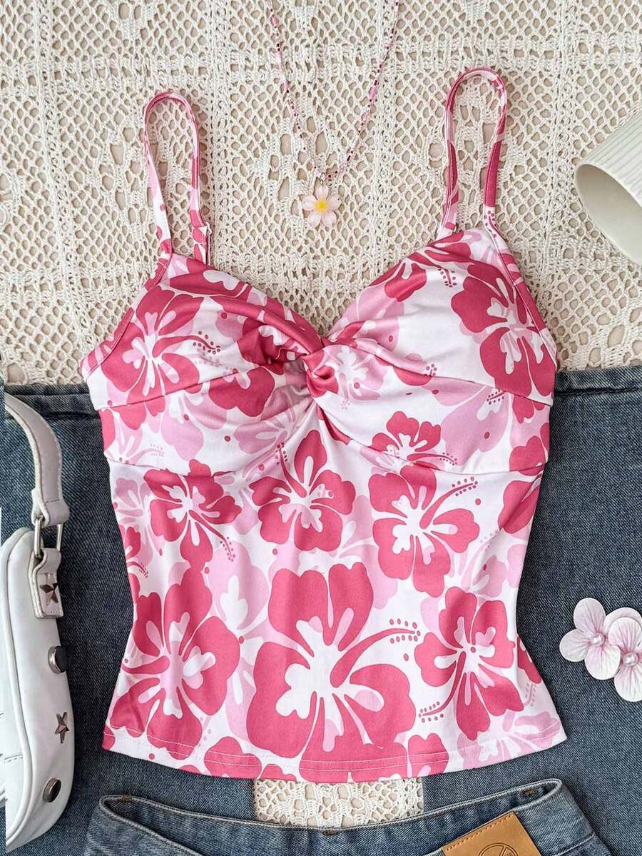 Teen Girl Fashionable Floral Print Criss-Cross Front Tight Camisole