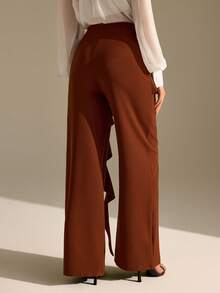 CLARA VERO Damen Asymmetrische Hose mit goldenem Knopf und Rüschensaum, weites Bein - Braun - Übersicht 3