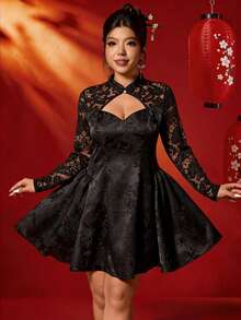Elenzga Plus Size Chinese Style Lace Jacquard Waist Fit And Flare Dress, New Year Collection Plus Size Club Dress Plus Size Goth Dress Sexy Plus Size Dress Plus Size Cocktails Dress Black Lace Dress Plus Chinese New Year Chinese New Year Plus Size Corset Dress Plus Size Black Elegant Dress Black Party Dress Qipao Dress Lace Insert Dress Cheongsam Dress Chinese Style Dress - Black - View 5