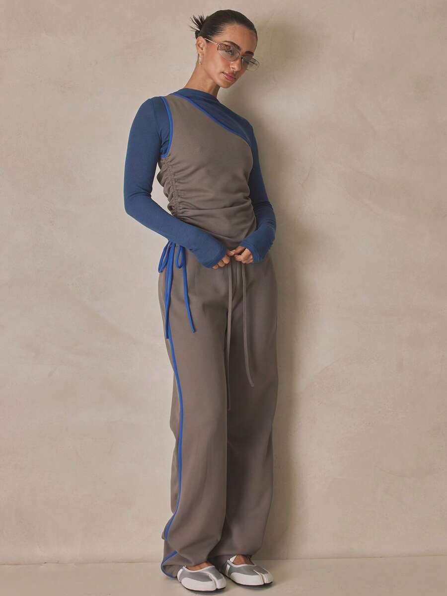 MUSERA Ribbed Straight Leg Pants Tie Waist Summer, Sporty, Casual, Day, Streetstyle, Streetwear - Dark Grey - View 1