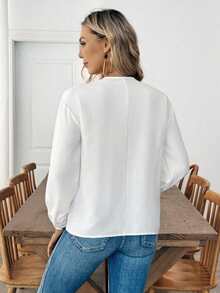 Louniche 女士春季休闲白色刺绣波西米亚风圆领半开襟长袖宽松复古碎花衬衫 - 白色 - 查看 2