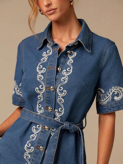 COSMINA Women's Collared Floral Embroidery Tie Waist Denim Dress, Fashionable For Dates And Outings
