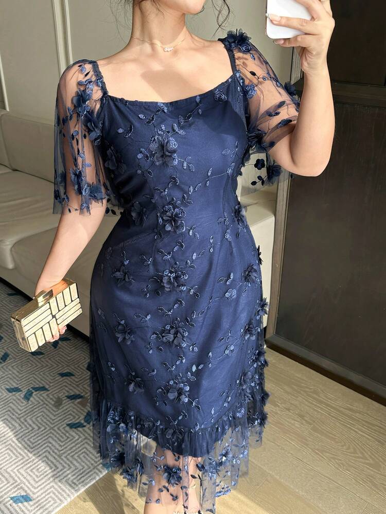 Dazy Plus Plus Size Women 3D Floral Ruffle Sleeve Waist Cinched Dress, Blue, Party/Event, Spring/Summer Sundress
