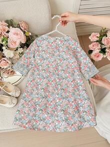 SHEIN Young Girls Floral Arabian Robe, Elegant Floral Collar, Traditional Long-Sleeved Arabian Dress, Suitable For Spring And Summer Wear - Multicolor - View 2