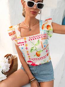 Vivid Eden Woven Printed Square Collar Puff Sleeve Fitted Women Shirt - Multicolor - View 4