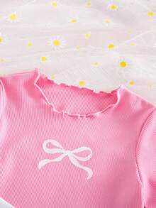 SHEIN 3件套女童可爱罗纹荷叶边蝴蝶结印花圆领上衣 - 彩色 - 查看 3