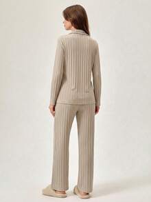 Loomlin Women's Contrast Color Piping Plaid Print Ribbed Long Sleeve Top & Pants Pajama Set - Apricot - View 2