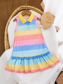 Young Girl Casual Home Fitted Sweet Cute Rainbow Striped Button Front Collared Sleeveless Patchwork Frill Trim A-Line Dress T-Shirt Dress Polo Dress Kids Strip Dress Toddler Rainbow Dress Girl Pastel Spring Dress Toddler Tennis Dress - Multicolor - View 2
