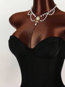 SHEIN Tall CURVE Plus Size Solid Color Sequin Patchwork Sleeveless Bodycon Dress - Black - View 4