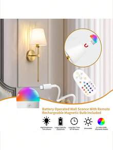 Wireless Battery Powered Wall Lamp, Gold Rechargeable Dimmable Wall Light With Detachable Bulb And Remote Control, 15 Colors Wireless Wall Lamp For Bedroom, Living Room, Hallway - 1Pack - View 7