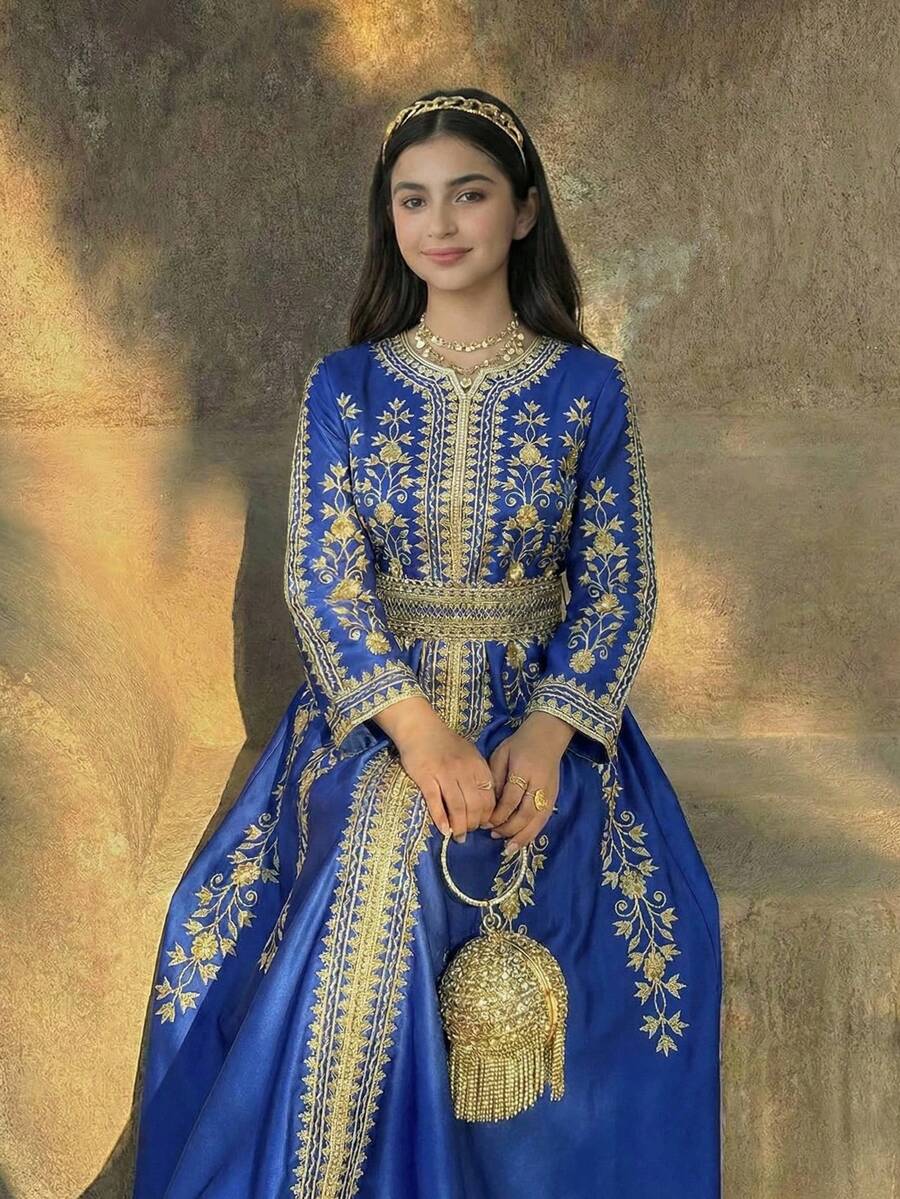 SHEIN Teen Girls' Royal Blue V-Neck Puff Sleeve A-Line Dress,Graphic Pattern Arabic Abaya Gown For Wedding,Autumn Elegant Modest Long Dresses For Girls - Royal Blue - View 1