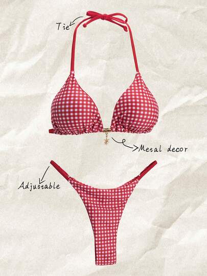 Elavelle Springbreak 女式格子印花金属装饰细肩带性感比基尼泳装套装，夏季服装